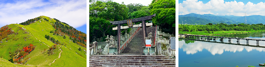 近隣観光資源 ― 左：剣山/中央：金刀比羅神社/右：吉野川